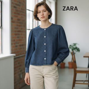 Zara Blue Denim Puff Sleeve Stretch Blouse Jacket  L